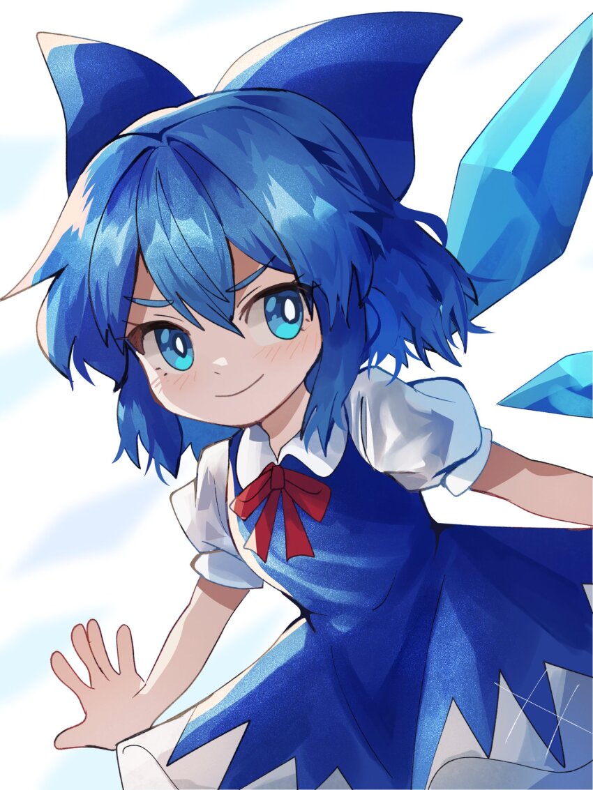 1girl blue_bow blue_dress blue_eyes blue_hair bow breasts cirno closed_mouth collared_shirt dress hair_bow happy highres ice ice_wings looking_at_viewer necktie pinafore_dress plus2sf puffy_short_sleeves puffy_sleeves red_necktie shirt short_sleeves simple_background sleeveless sleeveless_dress small_breasts smile solo touhou v-shaped_eyebrows white_background white_shirt wings