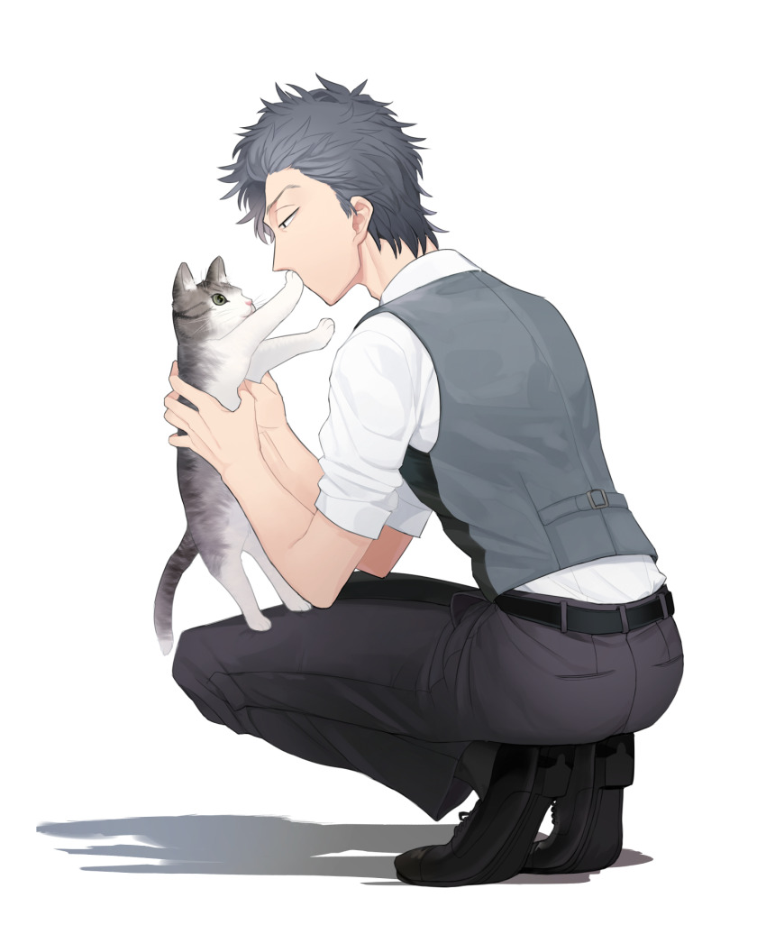 1boy animal belt black_pants black_shoes cat eye_contact fragile:_pathologist_kishi grey_hair grey_vest highres holding holding_animal holding_cat kishi_keiichirou looking_at_another pants rotten_tofu shadow shirt shoes simple_background solo vest white_background white_shirt