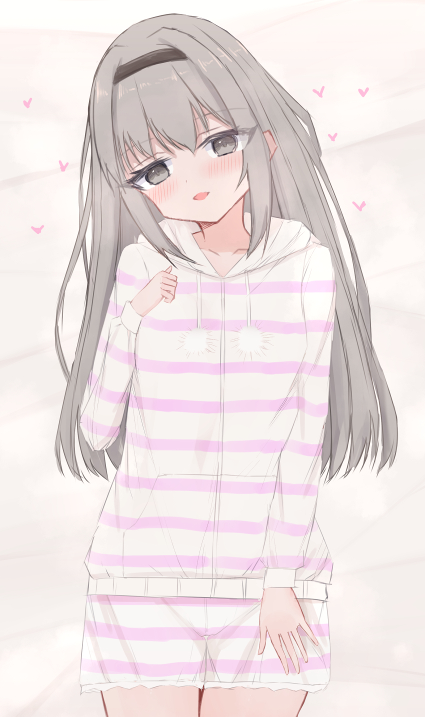 1girl absurdres bed blush collarbone grey_eyes grey_hair hairband hand_on_own_chest heart highres hood hoodie long_hair long_sleeves looking_at_viewer lying on_bed open_mouth original pajamas pom_pom_(clothes) shooko shorts smile striped_clothes striped_hoodie striped_shorts white_hoodie white_shorts