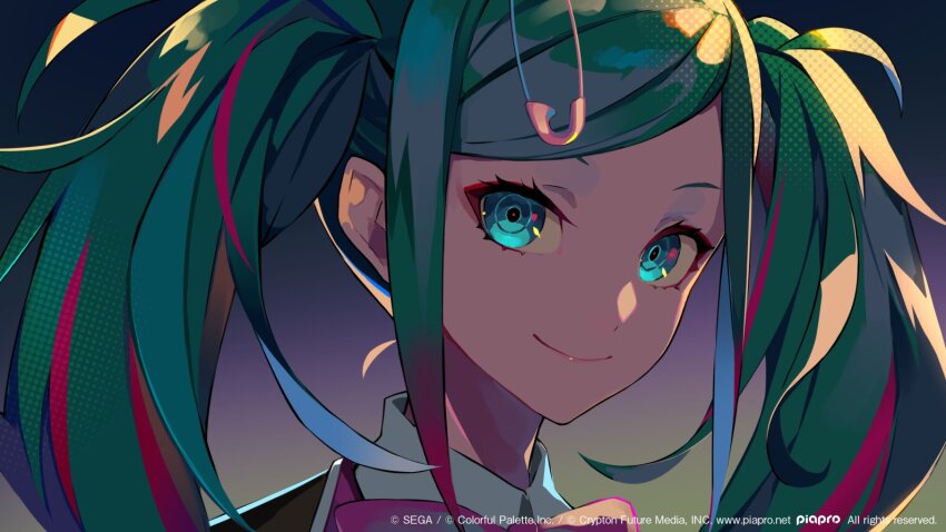 1girl aqua_eyes aqua_hair ben-day_dots black_background black_jacket bow bowtie close-up closed_mouth collared_shirt commentary_request company_name copyright_notice eyelashes gradient_background green_background hair_ornament hairclip hatsune_miku jacket lam_(ramdayo) leo/need_miku long_hair looking_at_viewer multicolored_hair official_art paperclip_hair_ornament portrait project_sekai red_hair red_streaks screentones shirt sidelocks smile solo streaked_hair swept_bangs twintails vocaloid white_shirt