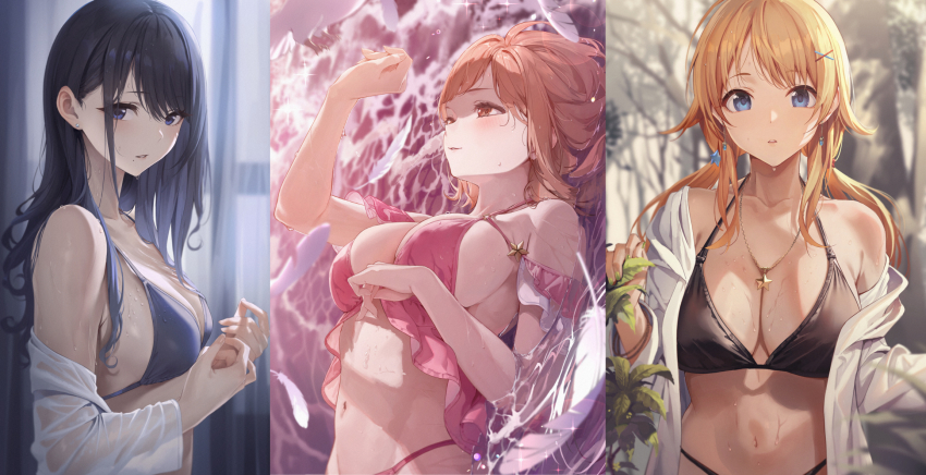 3girls bikini bikini_under_clothes black_bikini black_hair blonde_hair blush breasts brown_hair cleavage commentary_request falling_feathers feathers hachimiya_meguru hair_flaps halterneck highres idolmaster idolmaster_shiny_colors illumination_stars_(idolmaster) jacket jacket_over_swimsuit jewelry kazano_hiori large_breasts long_hair looking_ahead looking_at_viewer lying medium_breasts multiple_girls navel necklace on_back pink_bikini sakuragi_mano shirt sideways single_bare_shoulder sola_(solo0730) star_(symbol) star_necklace stitched stomach sweat swimsuit third-party_edit twintails upper_body wet wet_clothes wet_shirt white_jacket white_shirt