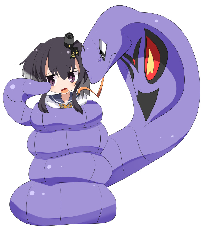 1girl anchor_print arbok black_hair blush commentary_request constriction gen_1_pokemon grey_sailor_collar hair_between_eyes highres kantai_collection lets0020 nintendo open_mouth pokemon pokemon_(creature) purple_eyes sailor_collar shirt short_hair_with_long_locks sidelocks simple_background snake tokitsukaze_(kancolle) upper_body white_background white_shirt