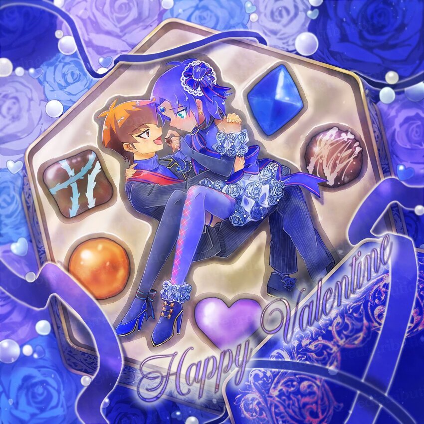 1boy 1girl black_jacket blue_eyes brown_eyes brown_hair couple happy_valentine highres jacket medium_hair purple_hair purple_sweater short_hair supreme_king_(yu-gi-oh!_gx) sweater tk_kjk_kndr valentine yu-gi-oh! yu-gi-oh!_gx yubel yuki_judai