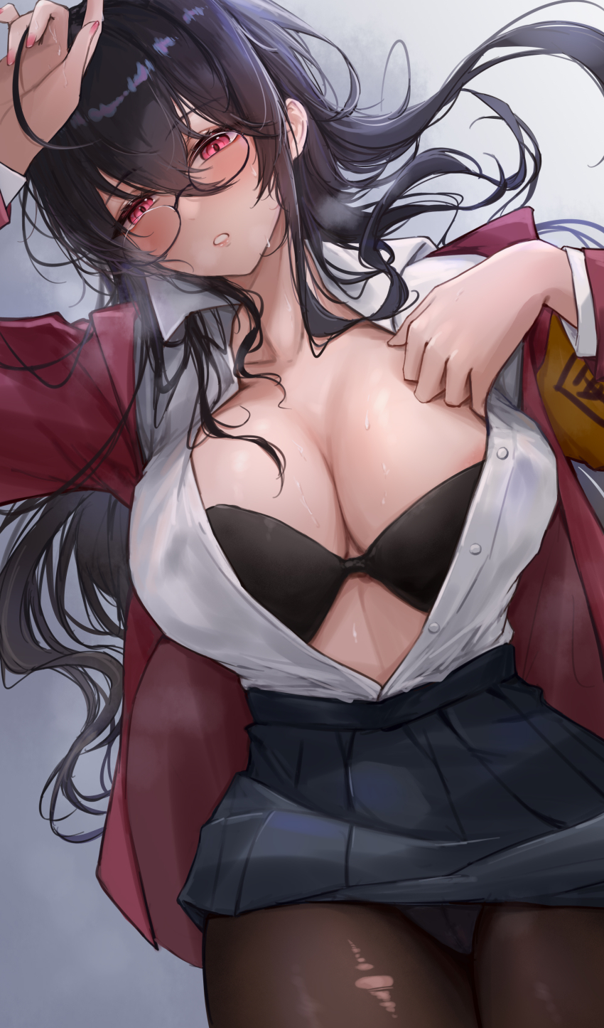 1girl absurdres azur_lane black_bra black_hair black_pantyhose black_skirt blush bra breasts cleavage e.c.ho glasses hair_between_eyes hair_spread_out highres jacket large_breasts long_sleeves looking_at_viewer lying official_alternate_costume on_back pantyhose parted_lips pleated_skirt red_eyes red_jacket school_uniform shirt shirt_tucked_in skirt solo sweat taihou_(azur_lane) taihou_(sweet_time_after_school)_(azur_lane) torn_clothes torn_pantyhose underwear white_shirt