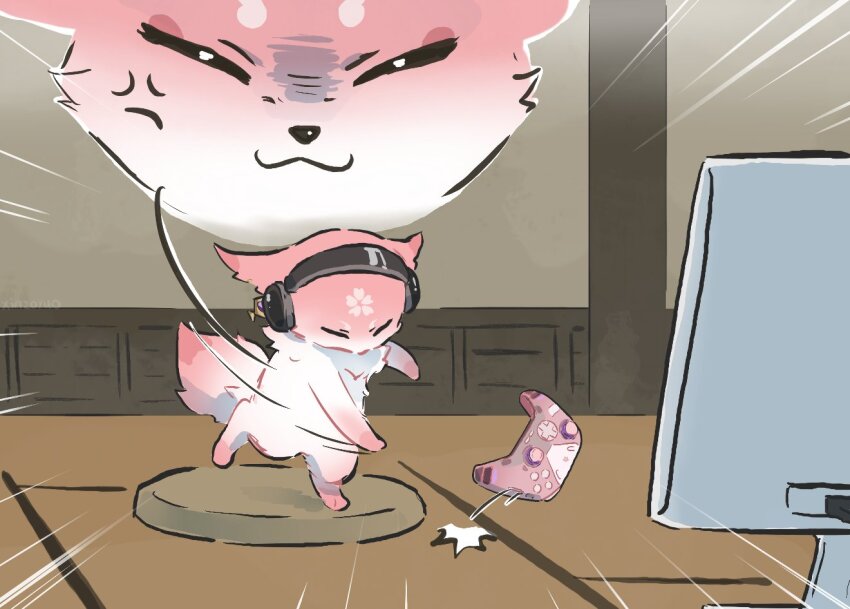 :3 anger_vein animal closed_eyes commentary controller earrings emphasis_lines fox frown full_body game_controller genshin_impact headphones indoors jewelry monitor no_humans standing symbol-only_commentary tatami throwing xinzoruo yae_miko yae_miko_(fox)