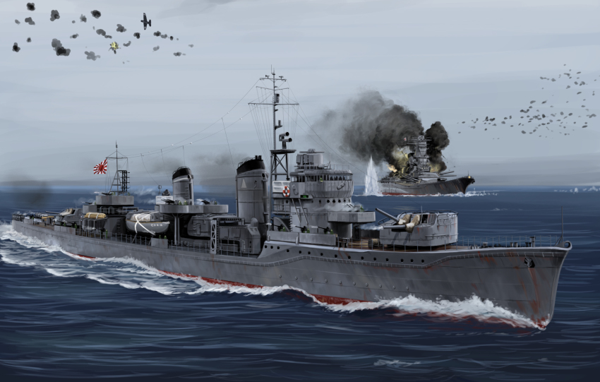 aircraft airplane anchor anti-aircraft anti-aircraft_gun battleship boat cannon destroyer flag highres imperial_japanese_navy japanese_flag mast military military_vehicle mo_yu_de_jiaozi no_humans ocean on_water outdoors propeller_fighter real_life ship ship_turret smoke smokestack vehicle_focus wake_(wave) warship watercraft waves world_war_ii yamato_(battleship) yukikaze_(destroyer)
