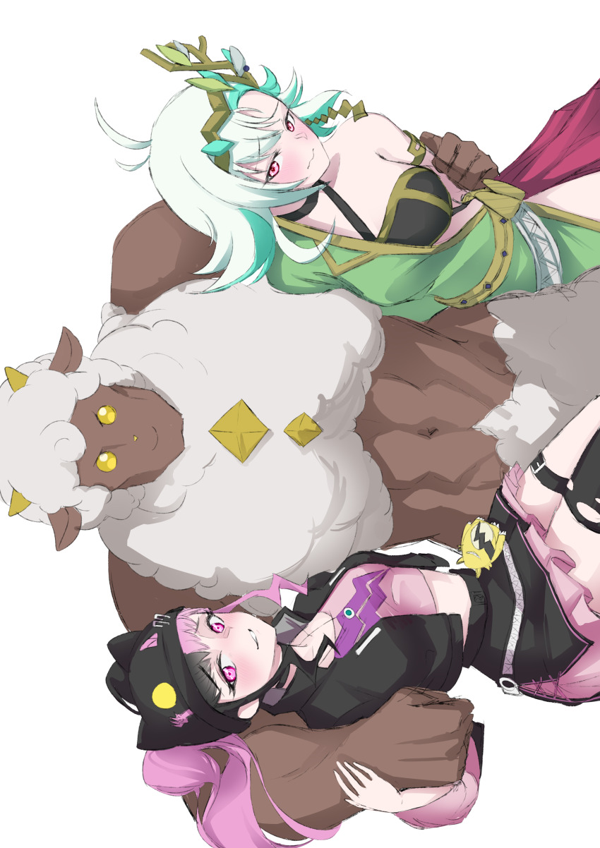 1other 2girls :s absurdres ahoge animal_ear_headwear animal_ears aqua_hair arm_around_back arm_around_shoulder armlet asymmetrical_bangs beanie belt black_choker black_hair black_headwear black_jacket black_skirt black_thighhighs black_tube_top blush breasts buckle cape choker circlet cleavage creature_and_personification cropped_jacket embarrassed fake_animal_ears green_hair green_robe grizzbolt hadanugi_dousa hand_on_another&#039;s_arm hat heart heart-shaped_pupils hei_cai highres jacket japanese_clothes jewelry kimono lamball layered_skirt lily_everhart long_hair looking_at_viewer medium_breasts miniskirt multicolored_hair multiple_girls open_clothes open_jacket open_kimono pal_(creature) palworld parted_lips personification pink_eyes pink_hair pink_skirt pleated_skirt red_cape robe sheep side_slit sidelocks simple_background single_bare_shoulder single_thighhigh skirt smile split-color_hair strapless streaked_hair stuffed_animal stuffed_toy symbol-shaped_pupils thigh_belt thigh_strap thighhighs torn_clothes torn_thighhighs tube_top twintails two-tone_hair two-tone_skirt upper_body waist_cape white_background wool yellow_eyes zipper zoe_rayne