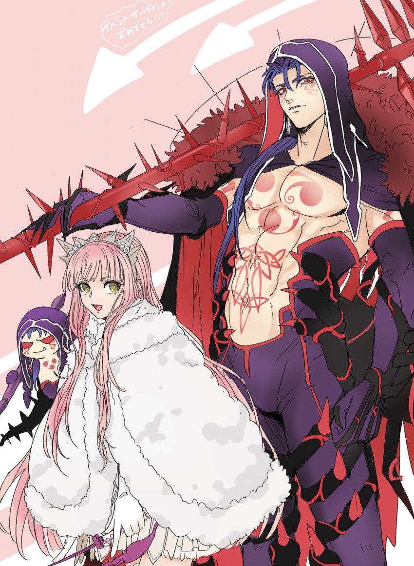1boy 1girl 1other abs blue_hair bodypaint brown_eyes bulge cape chibi cu_chulainn_(fate) cu_chulainn_(fate/stay_night) cu_chulainn_alter_(fate) cu_chulainn_alter_(fate/grand_order) cu_chulainn_alter_(third_ascension)_(fate) dark_blue_hair dark_persona detached_hood earrings elbow_gloves facepaint fate/grand_order fate_(series) fur-trimmed_cape fur_trim gae_bolg_(fate) gloves highres holding holding_polearm holding_weapon holding_whip hood hood_up jewelry long_hair looking_at_viewer medb_(fate) medb_(first_ascension)_(fate) mini_cu-chan_(fate) muscular muscular_male open_mouth osoba_(smen29) pants pectorals pink_hair polearm ponytail red_eyes skirt smile spikes tail tiara topless_male weapon