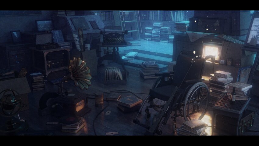 ai_arctic_warfare alcohol arknights binggong_asylum bolt_action book book_stack bookshelf bottle box cabinet cable cardboard cardboard_box chair commentary computer_keyboard container cup drawer drink drinking_glass english_commentary english_text falling_petals film_grain fireplace floor glass globe glowing glowing_petals gun highres indoors letter letterboxed light_particles map monitor moonlight night no_humans open_box pen pen_holder petals phonograph picture_frame red_wine reflection reflective_floor rifle round_table scenery scope sniper_rifle still_life suitcase table tray turntable typewriter variant_set vinyl_record wallpaper_(object) weapon wheel wheelchair wine wine_bottle wine_glass wooden_floor wooden_table