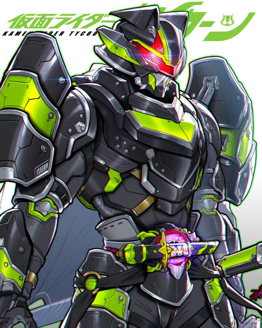 1boy absurdres armor black_armor black_helmet bujin_(geats) bujinsword_buckle character_name cowboy_shot desire_driver gradient_background grey_background helmet highres kamen_rider kamen_rider_geats_(series) kamen_rider_tycoon kamen_rider_tycoon_bujinsword lihaolow male_focus power_armor red_eyes rider_belt sheath solo tokusatsu white_background