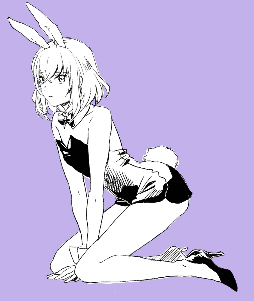 1boy animal_ears bow bowtie crossdressing detached_collar fake_animal_ears fake_tail high_heels highres honebami_toushirou kneeling male_focus male_playboy_bunny mizuhara_aki monochrome purple_background rabbit_ears rabbit_tail tail touken_ranbu trap