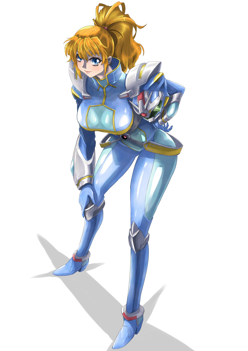 1girl blonde_hair blue_eyes blush breasts excellen_browning hair_behind_ear hand_on_own_knee helmet highres holding holding_helmet large_breasts leaning_forward masakatsu_(xg-70b) pilot_suit ponytail smile solo super_robot_wars super_robot_wars_original_generation v-fin