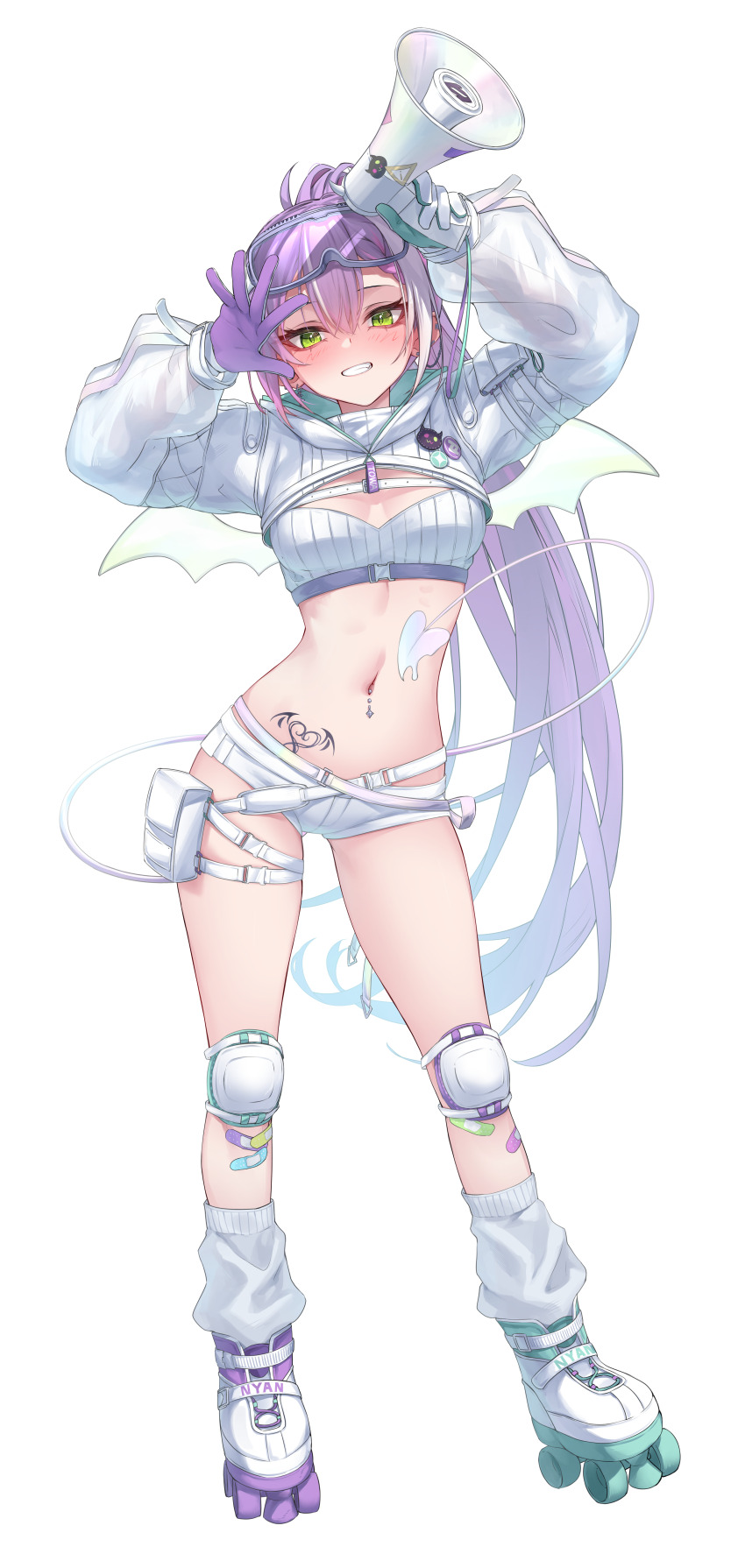 1girl absurdres loose_socks breasts cleavage crop_top cropped_hoodie demon_girl demon_tail extreme_crop_top full_body gloves gluteal_fold green_eyes high_ponytail highres holding holding_megaphone hololive hood hoodie knee_pads long_hair medium_breasts megaphone micro_shorts midriff navel navel_piercing piercing ponytail pubic_tattoo purple_gloves purple_hair rei_(9086) ribbed_shirt roller_skates shirt short_shorts shorts simple_background skates sketch solo stomach stomach_tattoo tail tattoo thighs tokoyami_towa tokoyami_towa_(cyberpunk) turtleneck very_long_hair virtual_youtuber white_background white_hood white_shirt white_shorts white_tail