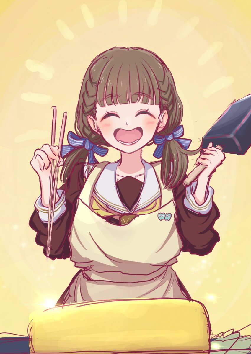1girl ^_^ apron blue_ribbon blunt_bangs blush brown_dress brown_hair chopsticks closed_eyes commentary dress food frying_pan glowing_lines hair_ribbon happy hasu_no_sora_school_uniform highres holding holding_chopsticks holding_frying_pan kachimachi_kosuzu link!_like!_love_live! long_hair long_sleeves love_live! low_twintails lower_teeth_only makiyakinabe neckerchief omelet open_mouth ribbon sailor_collar sailor_dress school_uniform seiha_(hnumkt) smile solo striped_ribbon tamagoyaki teeth twintails upper_body virtual_youtuber white_sailor_collar winter_uniform yellow_apron yellow_background yellow_neckerchief