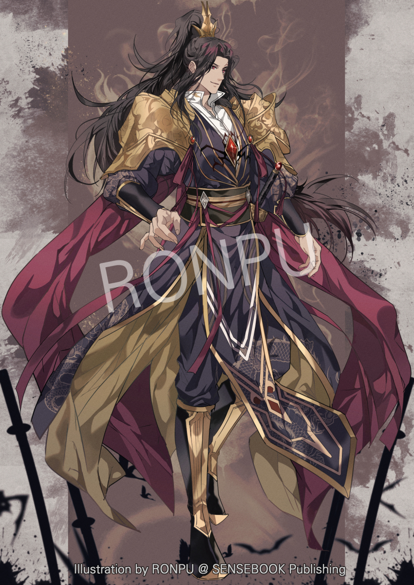 1boy armor armored_boots black_boots black_hanfu black_pants black_sash boots brown_hair chinese_clothes closed_mouth dragon_print facial_mark full_body half_updo hanfu high_ponytail highres long_hair long_sleeves looking_ahead male_focus pants pei_ming planted planted_sword planted_weapon ponytail red_eyes ronpu_cooing sash sheath sheathed shoulder_armor smile solo standing sword tianguan_cifu weapon xiao_guan_(headdress) yuntouxie zhijupao