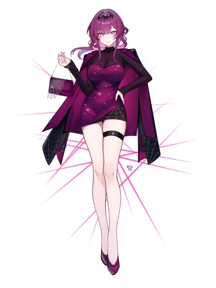 1girl absurdres alternate_costume bag breasts cleavage closed_mouth collarbone commentary dress earrings eyewear_on_head fingernails full_body hair_between_eyes hand_on_own_hip hand_up handbag highres holding holding_bag honkai:_star_rail honkai_(series) jewelry kafka_(honkai:_star_rail) large_breasts long_hair long_sleeves looking_at_viewer netapai1 purple_bag purple_dress purple_eyes purple_hair purple_shoes round_eyewear see-through_cleavage see-through_clothes shoes single_earring smile solo standing thigh_strap tinted_eyewear white_background