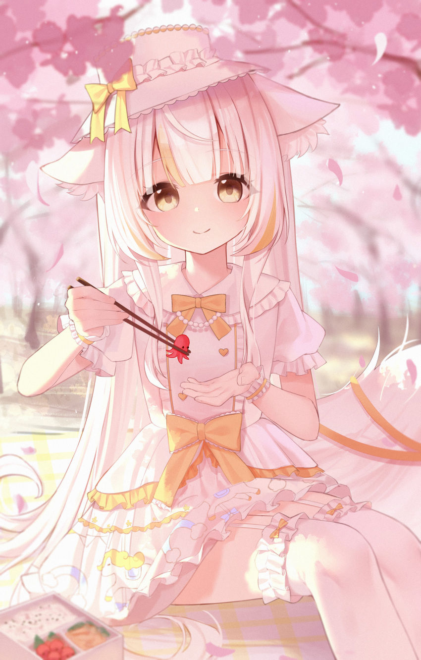 1girl absurdres animal_ear_fluff bento blunt_bangs blurry blurry_background bow bowtie cherry_blossoms chopsticks commentary_request dress garter_straps hat hat_bow highres holding holding_chopsticks incoming_food long_hair looking_at_viewer multicolored_hair orange_bow orange_bowtie orange_hair original picnic_blanket short_sleeves thighhighs very_long_hair white_dress white_hair white_thighhighs wlswlp wrist_cuffs yellow_bow yellow_bowtie