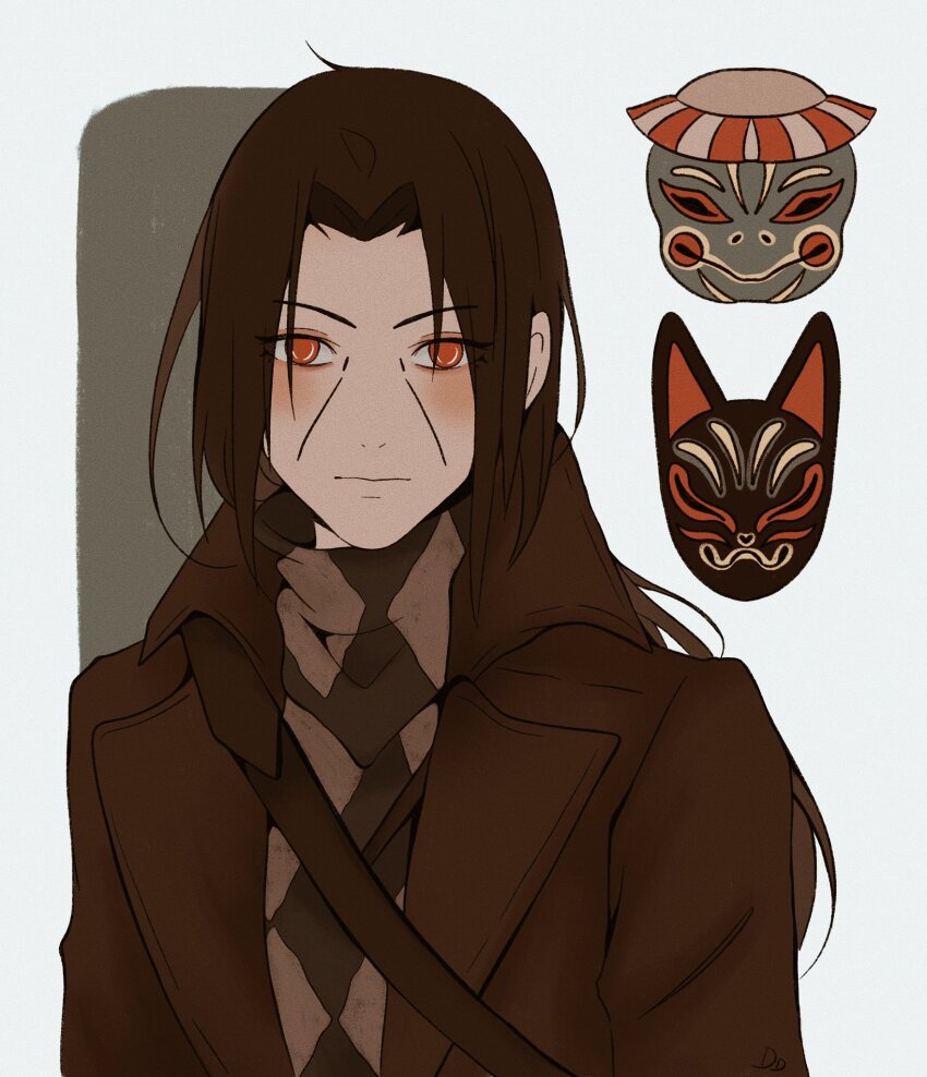 1boy argyle_clothes argyle_sweater bag black_hair border brown_coat closed_mouth coat demonerith facial_mark fox_mask grey_background highres light_blush long_hair looking_at_viewer male_focus mask naruto_(series) parted_bangs red_eyes shoulder_bag solo sweater turtleneck turtleneck_sweater uchiha_itachi upper_body white_border