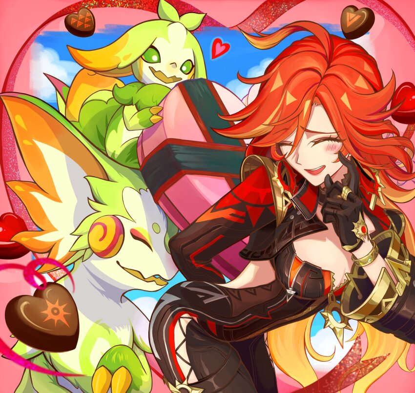 1girl ahoge bent_over biker_clothes bikesuit black_gloves black_jacket blue_sky bodysuit box breasts candy chocolate chocolate_heart cleavage closed_eyes cloud cloudy_sky collared_jacket cropped_jacket floating food formal_clothes genshin_impact gloves hair_between_eyes hand_on_own_cheek hand_on_own_face hand_up happy heart heart-shaped_box heart-shaped_food highres huge_ahoge index_finger_raised jacket large_breasts leaning_forward leather leather_jacket leather_suit light_blush long_hair long_sleeves mavuika_(genshin_impact) multicolored_hair okawaoshio open_mouth red_hair shade sky smile solo standing streaked_hair suit sweets teeth upper_teeth_only valentine wavy_hair wide_sleeves