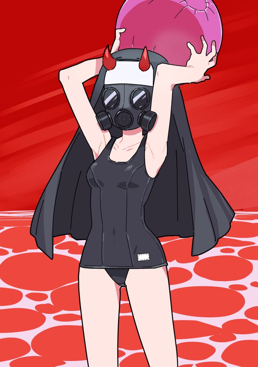 1girl arms_up ball beachball black_one-piece_swimsuit boby_oreon breasts character_request collarbone copyright_request covered_navel gas_mask highres holding holding_ball holding_beachball horns mask nun one-piece_swimsuit red_background small_breasts solo standing swimsuit