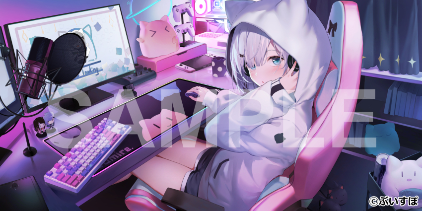 1girl animal_ear_hood animal_slippers black_shorts blue_eyes blunt_bangs bookshelf can chair commentary_request company_name computer computer_keyboard computer_mouse controller copyright_notice cpu cup deskmat dolphin_shorts drink_can fake_animal_ears from_side game_controller gaming_chair grey_hair hair_ornament hairpin handheld_game_console headphones highres holding_computer_mouse hood hood_down hooded_jacket indoors isaya_(pixiv4541633) jacket kaga_sumire light_blush looking_at_viewer microphone monitor mug nintendo_switch official_art on_chair parted_lips sample_watermark shorts sitting slippers solo studio_microphone stuffed_animal stuffed_toy swivel_chair virtual_youtuber vspo! watermark white_jacket