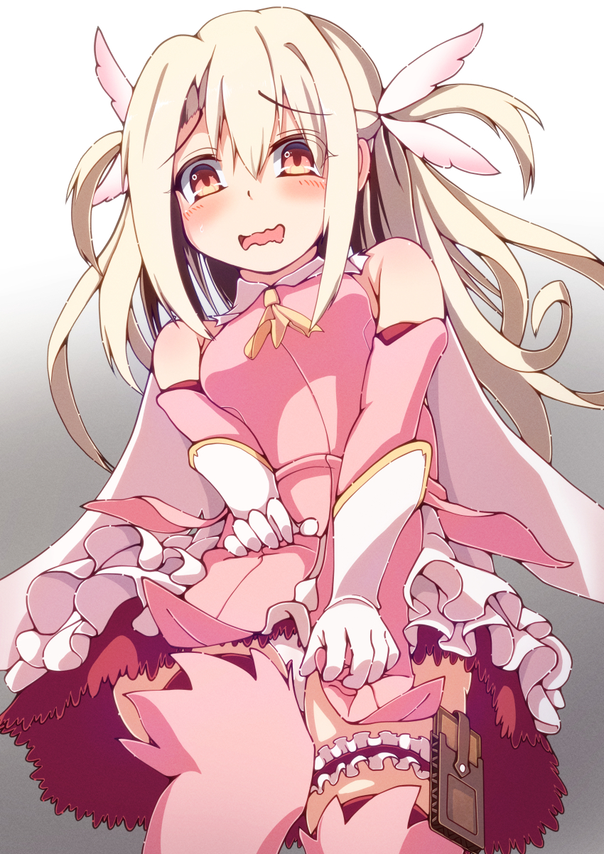 1girl absurdres ascot bare_shoulders blonde_hair blush breasts cape dress elbow_gloves fate/kaleid_liner_prisma_illya fate_(series) feather_hair_ornament feathers frilled_thigh_strap gloves hair_ornament highres illyasviel_von_einzbern layered_gloves long_hair looking_at_viewer open_mouth peisuto pink_dress pink_gloves prisma_illya red_eyes sidelocks skirt small_breasts solo tearing_up thigh_strap two_side_up white_cape white_gloves white_skirt