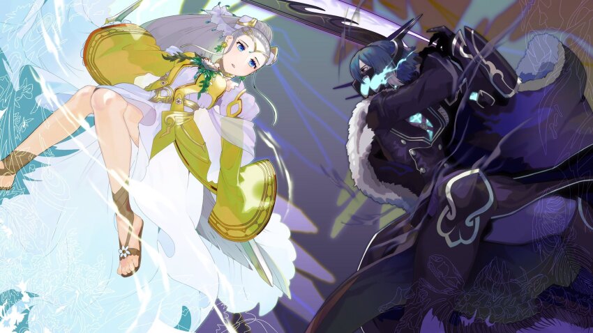 battle blue_eyes blue_hair cape dress earrings eir_(fire_emblem) eir_(life_ascendant)_(fire_emblem) fighting fighting_stance fire_emblem fire_emblem_heroes flower flower_earrings formal_clothes frilled_sleeves frills gold_dress gold_tiara highres holding holding_knife holding_sword holding_weapon ikura_(downdexp) jewelry knife lif_(fire_emblem) long_hair long_sleeves mask mouth_mask nintendo official_alternate_costume ponytail red_eyes sandals short_hair sidelocks suit sword tiara weapon white_dress white_hair