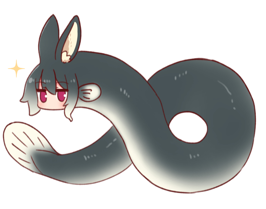 1girl animal animal_ear_fluff animal_ears animalization black_hair blush commentary_request eel full_body gradient_hair hair_between_eyes kemomimi-chan_(naga_u) looking_at_viewer multicolored_hair naga_u original red_eyes simple_background solo sparkle white_background white_hair