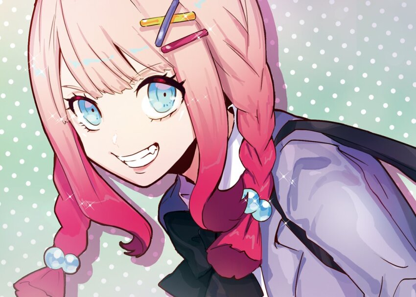 1girl blue_eyes braid character_request gradient_hair grin happy indie_virtual_youtuber looking_at_viewer multicolored_hair pink_hair puppeteer7777 shirt smile tagme teeth twin_braids upper_body virtual_youtuber white_shirt