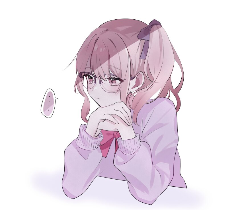 ... 1other akiyama_mizuki androgynous bespectacled bow bowtie chasu closed_mouth commentary glasses hair_ribbon hands_up highres long_hair pink_eyes pink_hair project_sekai purple_ribbon purple_sweater red_bow red_bowtie ribbon side_ponytail sidelocks simple_background solo spoken_ellipsis sweater upper white_background