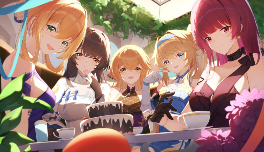 5girls absurdres armpit_crease black_gloves black_hair blonde_hair blue_dress blue_eyes braid braided_bun breasts bridal_gauntlets cake chinese_commentary choker closed_mouth collarbone commentary_request cup daiyan_(girls&#039;_frontline_2) disposable_cup dress earrings evening_gown food girls&#039;_frontline girls&#039;_frontline_2:_exilium gloves green_eyes groza_(girls&#039;_frontline_2) hair_bun high_ponytail highres ivy jewelry large_breasts long_hair looking_at_viewer makiatto_(girls&#039;_frontline_2) medium_breasts medium_hair multiple_girls necklace official_alternate_costume open_mouth orange_hair ots-14_(girls&#039;_frontline) pearl_necklace ponytail pov purple_dress purple_hair red_eyes ribbon_choker ring saucer sitting smile springfield_(girls&#039;_frontline) table teacup type_95_(girls&#039;_frontline) type_95_(narcissus)_(girls&#039;_frontline) vepley_(girls&#039;_frontline_2) vepley_(summer_echoes)_(girls&#039;_frontline_2) wa2000_(ballroom_interlude)_(girls&#039;_frontline) wa2000_(girls&#039;_frontline) wan3051 wedding_ring white_dress white_gloves yellow_eyes