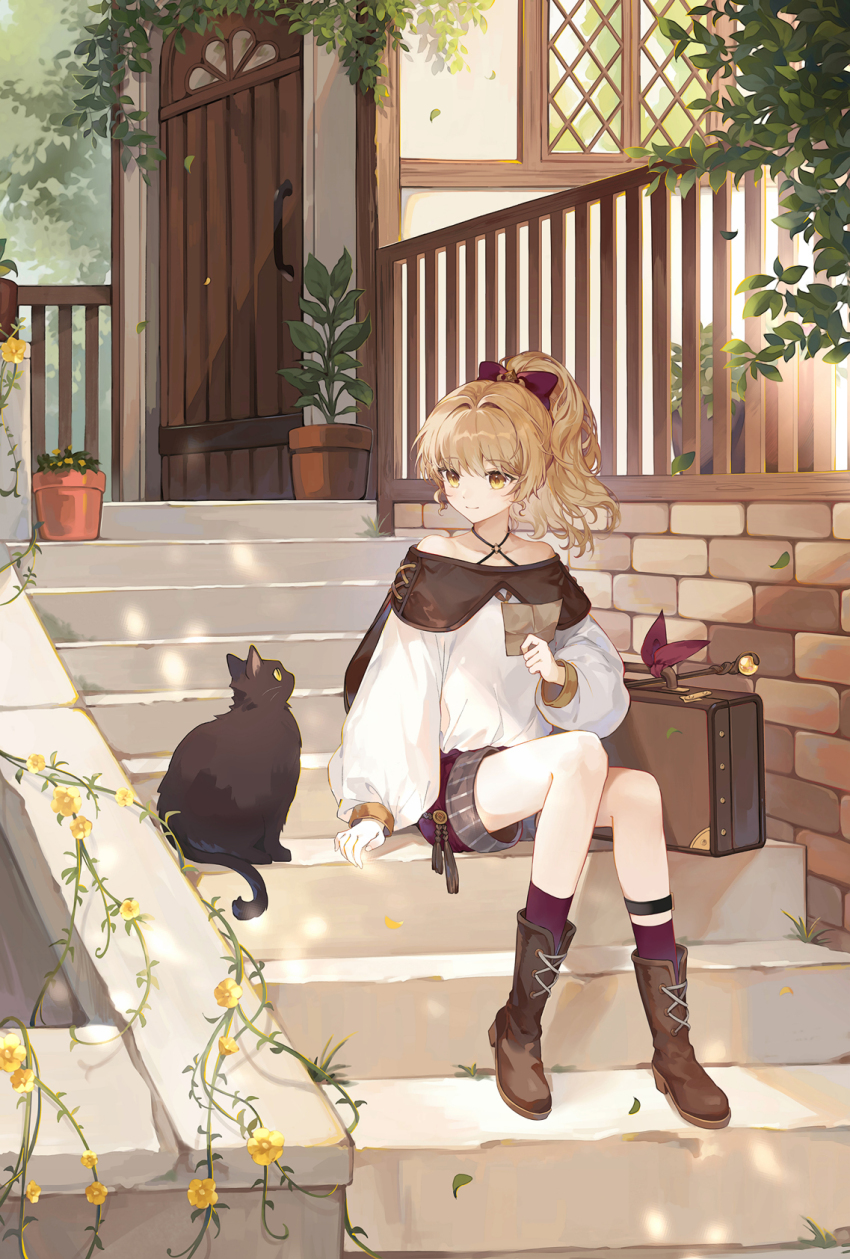 1girl black_cat blonde_hair boots bow cat commentary criss-cross_halter curly_hair dappled_sunlight full_body hair_bow halterneck highres ivy long_sleeves off-shoulder_shirt off_shoulder original outdoors plant ponytail potted_plant puffy_sleeves shin_strap shirt shorts sitting sitting_on_stairs smile solo stairs sunlight symbol-only_commentary tree yellow_eyes yuyuhi_fine