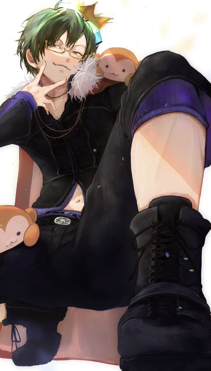 1boy black_hair crown glasses gnosia goggles green_hair highres jacket jewelry koyuuuuuuuuuuu long_sleeves looking_at_viewer male_focus monkey navel necklace sha-ming shirt short_hair smile solo upper_body v