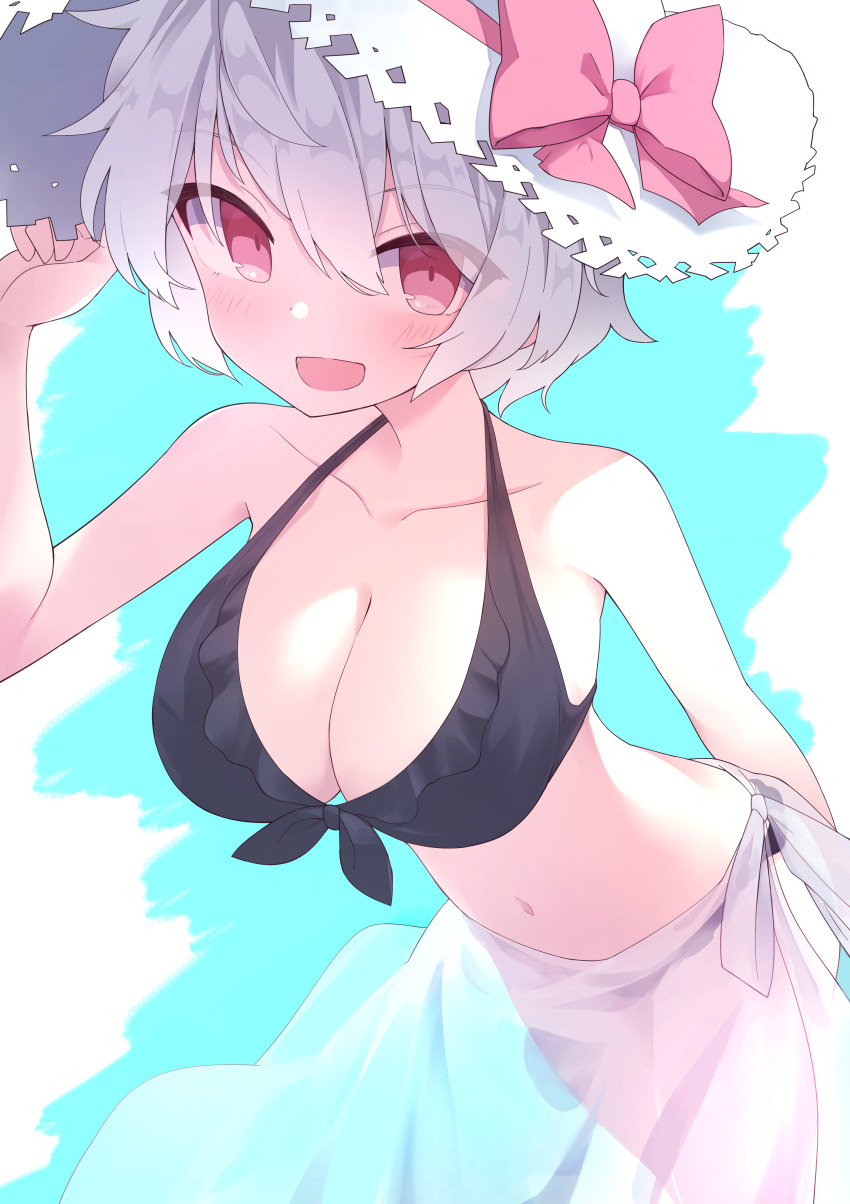 :d absurdres bikini black_bikini breasts cleavage damao_(kiwa777) hat highres navel open_mouth original short_hair simple_background smile sun_hat swimsuit tagme white_hair
