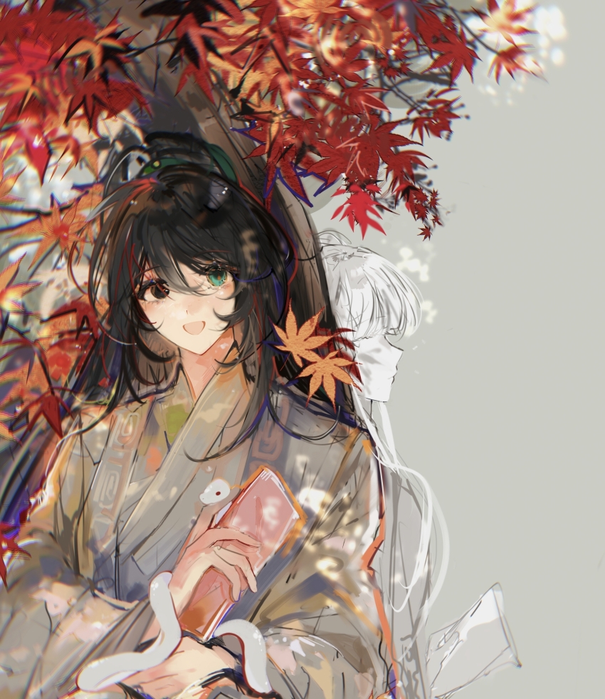 1boy 1girl :o absurdres against_tree aqua_eyes black_eyes black_hair blunt_bangs character_request closed_mouth coat falling_leaves grey_background grey_coat grey_hanfu hair_between_eyes happy highres holding hong_lu_(project_moon) leaf limbus_company long_bangs long_hair looking_at_viewer maple_leaf mitang19964 open_mouth project_moon snake standing tree upper_body white_snake