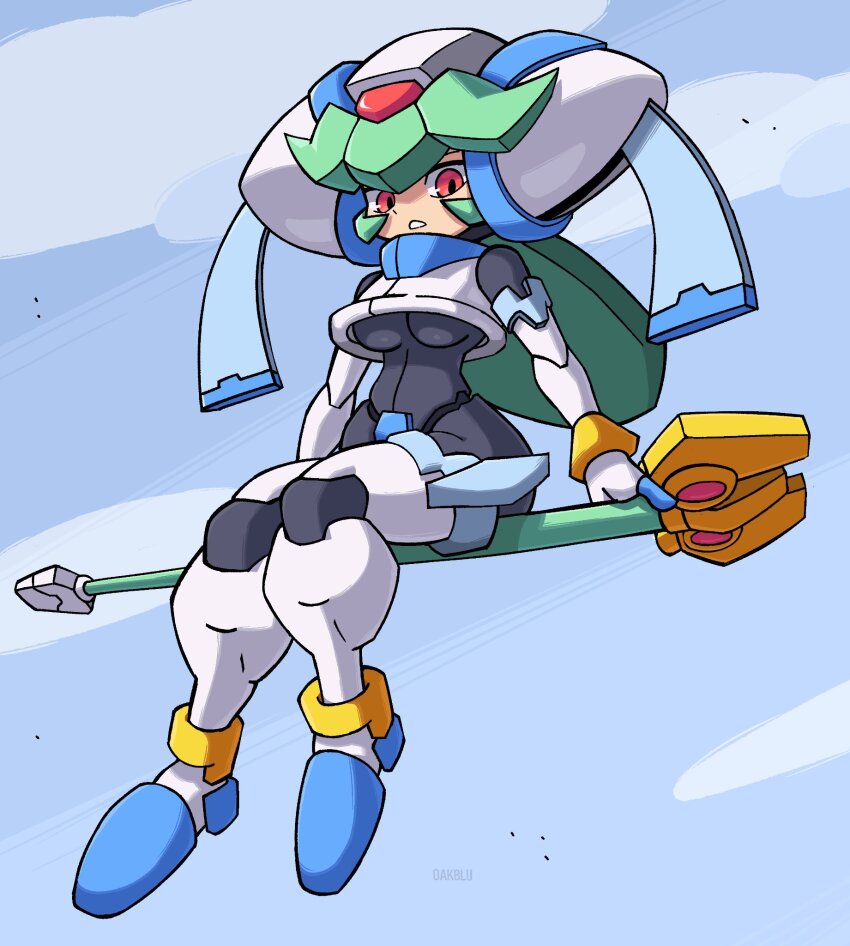 1girl armor breasts full_body grey_hair helmet highres long_hair medium_breasts mega_man_(series) mega_man_zx model_w_(mega_man) oakblu pandora_(mega_man) power_armor red_eyes solo staff_riding underboob white_armor white_helmet