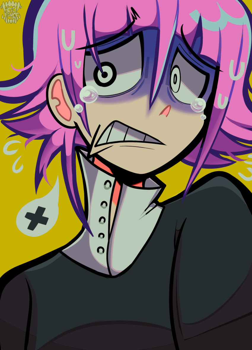 1other absurdres acid-fangs alternate_costume crona_(soul_eater) crying highres looking_to_the_side open_mouth other_focus pale_skin pink_hair portrait scared short_hair simple_background solo solo_focus soul_eater teeth upper_body white_eyes yellow_background