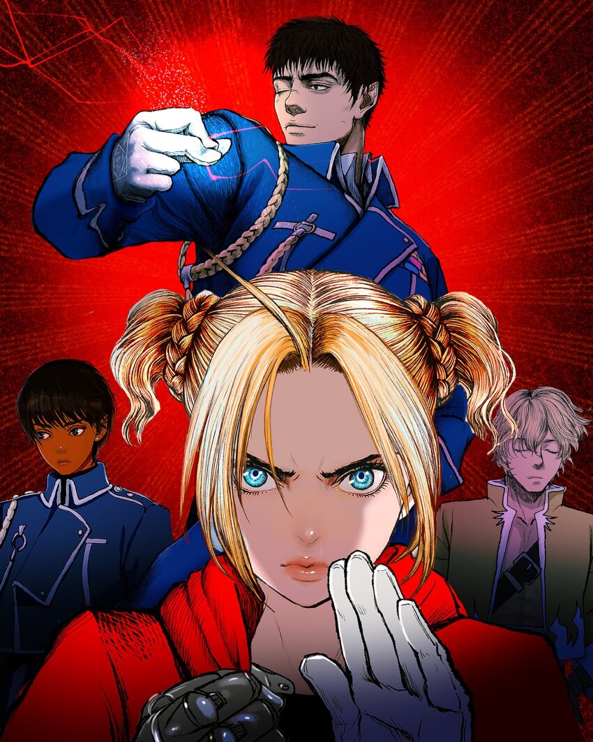 2boys 2girls aiguillette amestris_military_uniform arms_at_sides automail belt berserk black_hair blonde_hair blue_eyes blue_jacket blue_pants braid casca_(berserk) closed_mouth cosplay dark-skinned_female dark_skin edward_elric edward_elric_(cosplay) electricity emphasis_lines farnese_(berserk) fighting_stance frown fullmetal_alchemist gloves grey_hair guts_(berserk) hand_in_pocket hands_up highres jacket ling_yao ling_yao_(cosplay) lips long_sleeves looking_at_viewer mechanical_hands military_uniform multiple_boys multiple_girls nisino2222 pants red_background red_jacket riza_hawkeye riza_hawkeye_(cosplay) roy_mustang roy_mustang_(cosplay) scar scar_on_face scar_on_nose serpico_(berserk) short_hair sideways_glance sigh simple_background single_mechanical_hand spiked_hair twintails white_gloves white_pants yellow_jacket