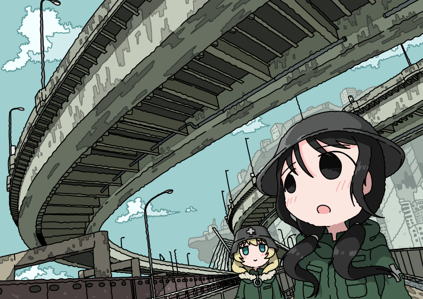 2girls :&gt; :c absurdres black_eyes blonde_hair blue_eyes blue_sky blush building chito_(shoujo_shuumatsu_ryokou) cityscape cloud combat_helmet day dutch_angle emesan_desu foreshortening fur-trimmed_jacket fur_trim green_jacket hair_between_eyes hair_over_shoulder helmet highres hood hood_down hooded_jacket jacket jitome lamppost looking_at_another looking_back low_twintails multiple_girls open_mouth outdoors overpass revision shoujo_shuumatsu_ryokou sidelocks sky twintails upper_body yuuri_(shoujo_shuumatsu_ryokou)