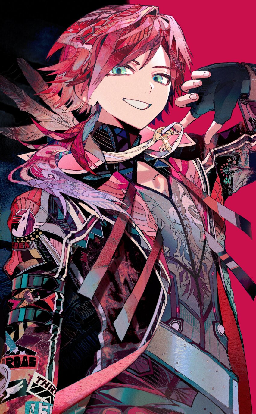 1boy absurdres black_gloves black_jacket cleavage_cutout clothing_cutout colored_tips feathers fingerless_gloves gloves green_eyes hair_behind_ear hand_up highres holding holding_jewelry holding_necklace jacket jewelry key key_necklace lauren_iroas lauren_iroas_(1st_costume) looking_at_viewer low_ponytail male_focus multicolored_hair necklace nijisanji open_clothes open_jacket ponytail purple_hair red_hair short_hair side_ponytail smile teeth upper_body virtual_youtuber yadu_nadu