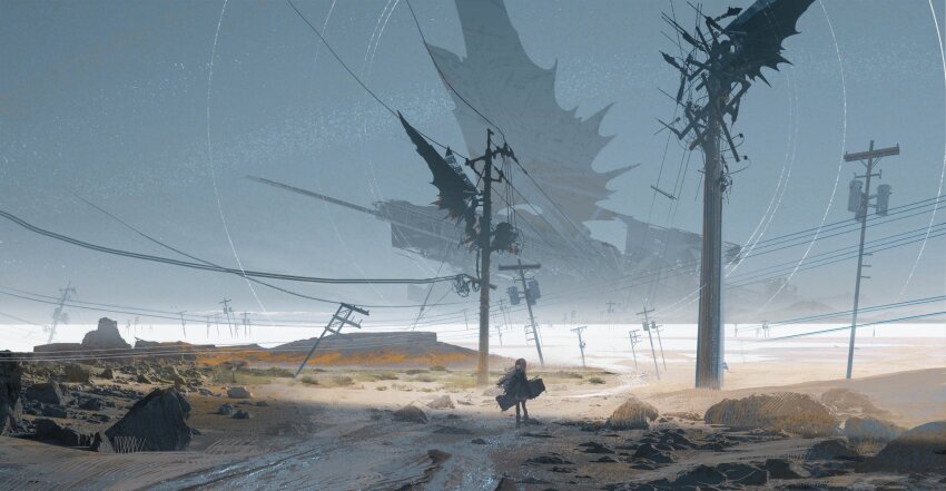 1girl aircraft airship highres holding_case horizon landscape long_hair original rock scenery science_fiction sky solo standing thighhighs transformer utility_pole wasteland wide_shot ya_yan