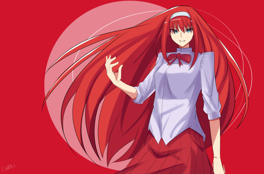 1girl absurdres arm_at_side artist_name code_nt cowboy_shot full_moon hand_up headband highres long_hair looking_at_viewer moon neck_ribbon red_background red_hair red_ribbon red_skirt ribbon shirt skirt smile solo tohno_akiha toono_akiha tsukihime type-moon vermillion_akiha very_long_hair white_headband white_shirt