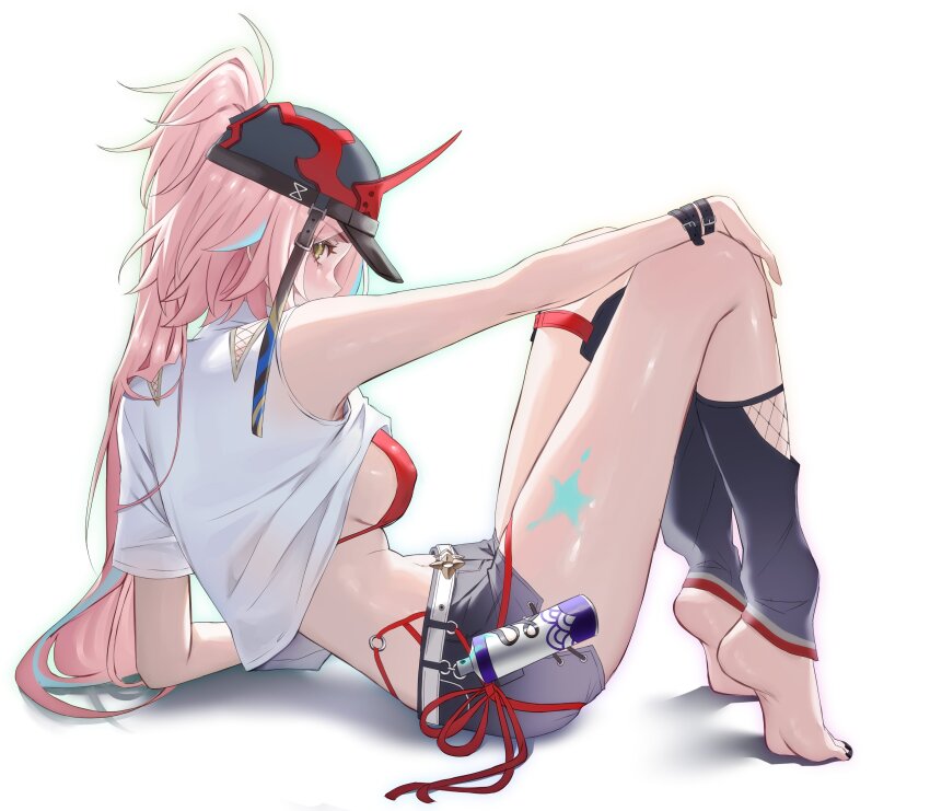 1girl absurdres asymmetrical_sleeves bad_id bad_twitter_id barefoot black_hat blue_pants blush bra breasts commentary english_commentary feet green_eyes hat high_ponytail highres honkai:_star_rail honkai_(series) large_breasts long_hair looking_back nail_polish paint_can pants pink_hair ponytail rappa_(honkai:_star_rail) red_bra shirt short_sleeves sitting soles solo thighs tiptoes toenail_polish toenails underwear uneven_sleeves vitaminechan white_background white_shirt