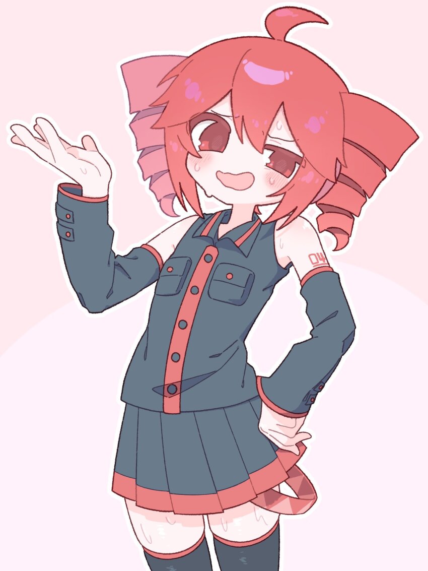 1girl ahoge bare_shoulders black_shirt black_skirt black_sleeves black_thighhighs blush collared_shirt cowboy_shot detached_sleeves drill_hair hair_between_eyes hand_on_own_hip hand_up highres kasane_teto kasane_teto_(utau) long_sleeves looking_at_viewer number_tattoo open_mouth outline red_eyes red_hair shirt skirt sleeveless sleeveless_shirt solo standing sweat tattoo teteteto0 thighhighs twin_drills two-tone_background uneven_eyes utau white_outline