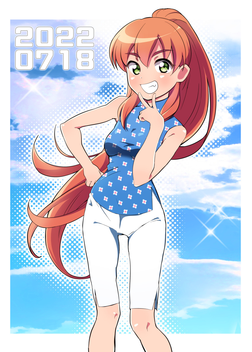 1girl absurdres akai_homura alternate_costume blue_shirt blue_sky cloud cloudy_sky cowboy_shot dated day floral_print_shirt green_eyes grin hand_on_own_hip highres long_hair new_yorker_(togawa_hamasaki) orange_hair outdoors shirt sky sleeveless sleeveless_shirt smile solo tokimeki_memorial tokimeki_memorial_2 v
