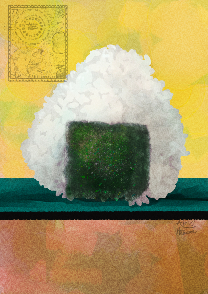 airihanezora artist_name clip_studio_paint_(medium) commentary_request food food_focus highres no_humans onigiri original rice watermark