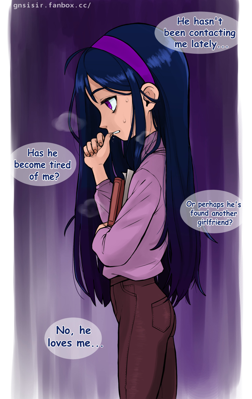 absurdres biting black_hair book english_text gnsisir hairband highres holding holding_book nail_biting pants purple_eyes purple_hairband purple_pants purple_sweater speech_bubble sweat sweater the_incredibles thought_bubble turtleneck turtleneck_sweater violet_parr
