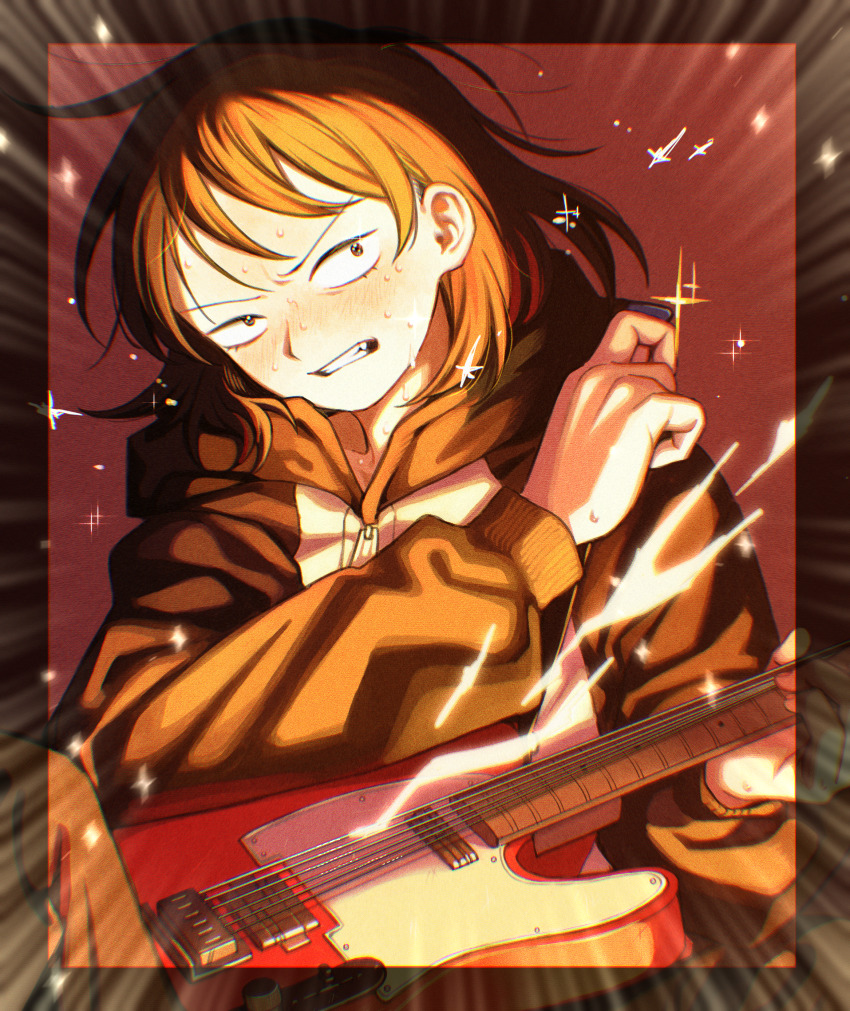 1girl absurdres black_eyes black_hair blush clenched_teeth commentary_request electric_guitar electricity fender_telecaster futsuu_no_keion-bu grimace guitar hatono_chihiro highres hood hood_down instrument long_sleeves medium_hair music official_alternate_costume playing_guitar playing_instrument rra_(yj) side_ahoge sitting small_pupils solo sparkle static_electricity sweat teeth zipper