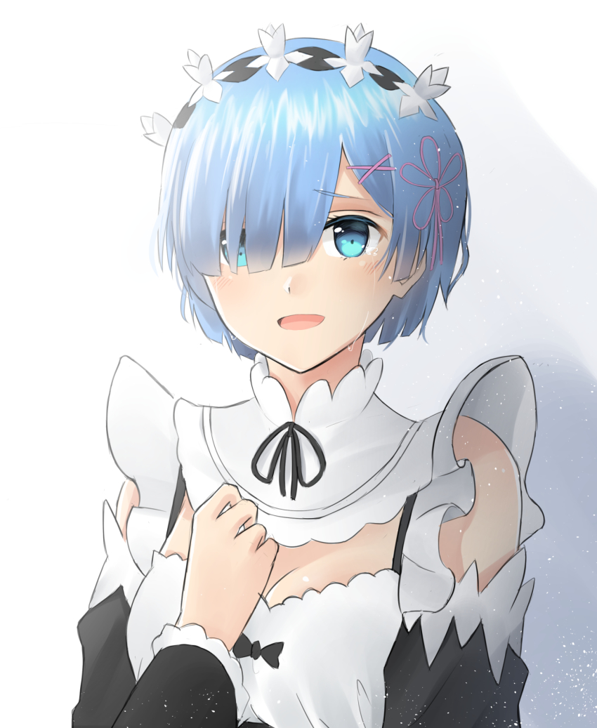10s 1girl :d bad_id bad_pixiv_id black_bow black_ribbon blue_eyes blue_hair bow breasts choker cleavage detached_sleeves female_focus hair_over_one_eye hair_ribbon head_wreath highres large_breasts looking_at_viewer neck_ribbon open_mouth pink_ribbon re:zero_kara_hajimeru_isekai_seikatsu rem_(re:zero) ribbon shadow short_hair simple_background sketch smile solo tears ucukrtz upper_body white_background