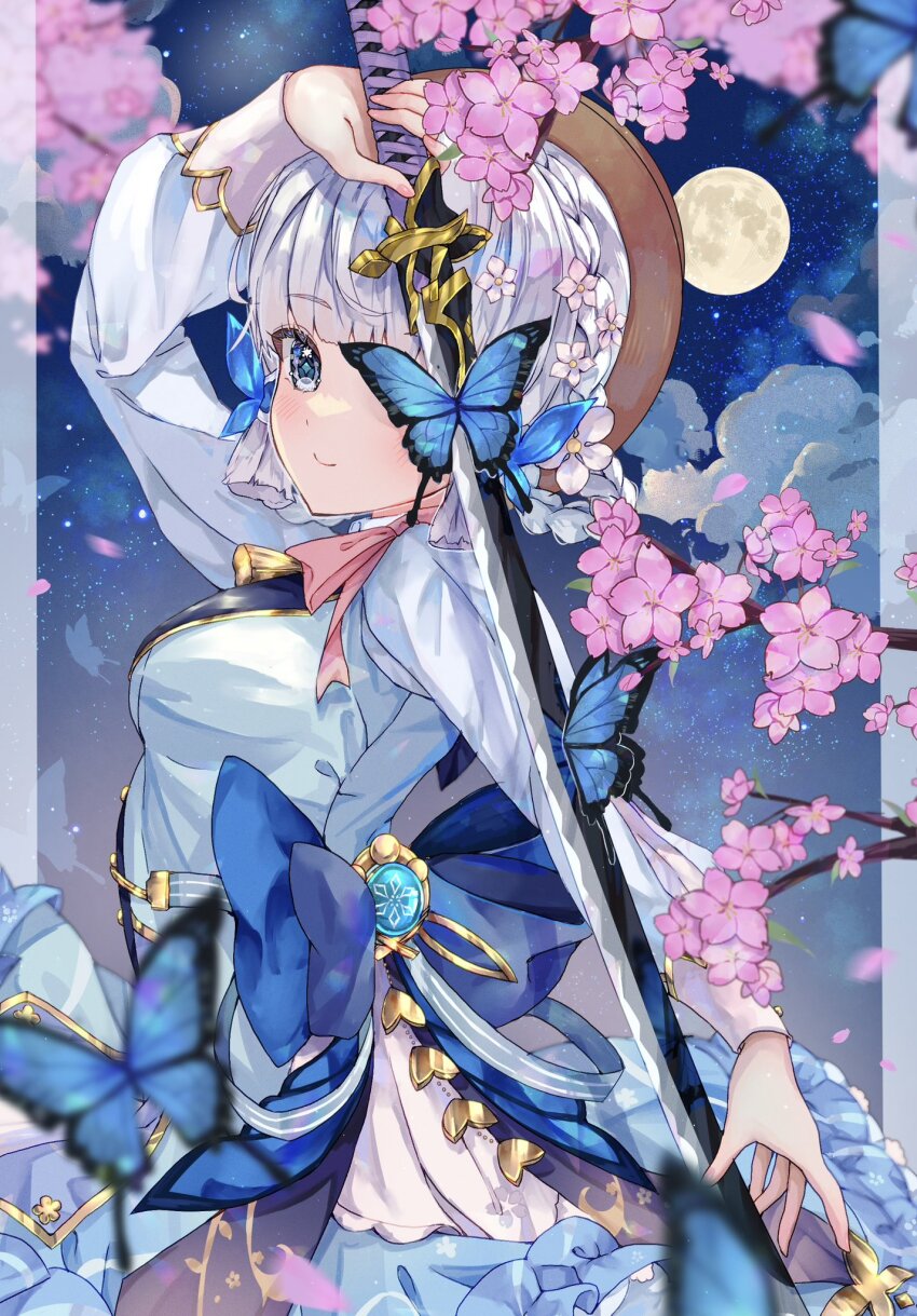 1girl ayaka_(genshin_impact) breasts bug butterfly cherry_blossoms full_moon genshin_impact highres holding holding_sword holding_weapon insect isuzu_(an_icy_cat) kamisato_ayaka kamisato_ayaka_(springbloom_missive) katana light_blush medium_breasts moon official_alternate_costume official_alternate_hairstyle sky solo star_(sky) starry_sky sword vision_(genshin_impact) weapon white_hair